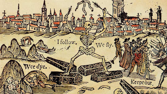 A 1625 illustration of Londoners fleeing the plague. A 1625 illustration of Londoners fleeing the plague.