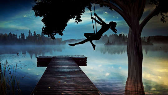 Experiencing Elemental Beings: Truth or Fantasy? silhouette of a girl high on a swing at dusk over looking a foggy lake