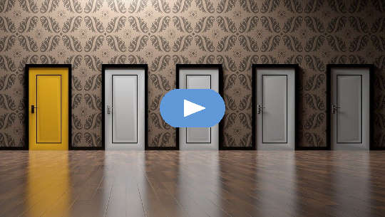 Where Do We Go From Here? five closed doors, one pained yellow, the others white