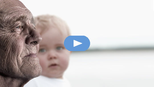 Call to Action! We Must Make A Difference the face of an old man in profile with the face of a baby looking at him