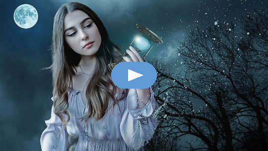 How To Live In Perfect Harmony a woman under a full moon holding a full hourglass