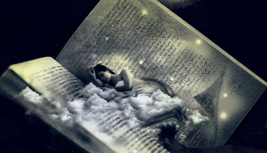 Awakening the Treasure and the Healing Power of the Creative Spirit woman cocooned asleep inside a giant book
