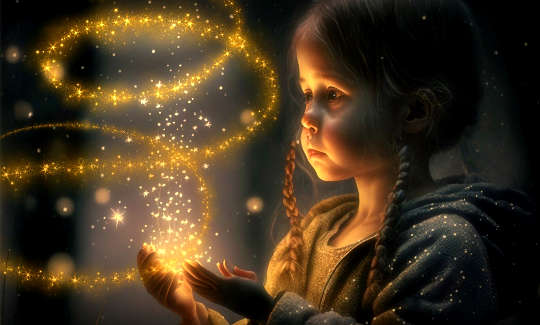 What We Set Our Intentions To, We Create child with hands open to spiraling lights