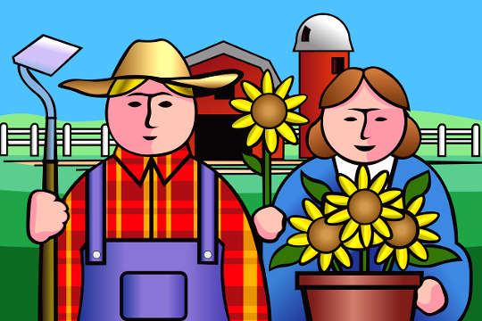 There’s Power in Completing Things a farmer and his wife, she's holding a pot of flowers in bloom
