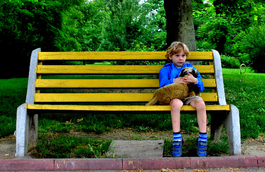 The Inner Life and The Outer Life yound boy sitting on a bench holding a pet