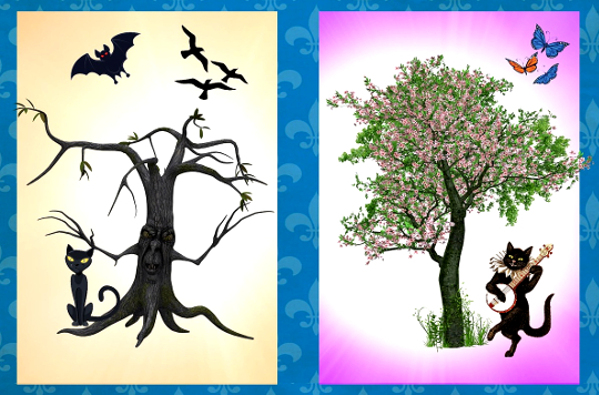 two pictures - one with a dead tree and other with a flourishing tree with butterflies