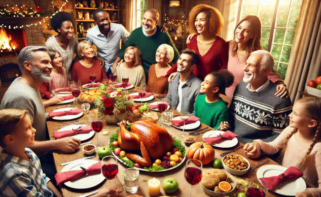 The Miracle of the Raffle Turkey a large family gathered around a thanksgiving feast