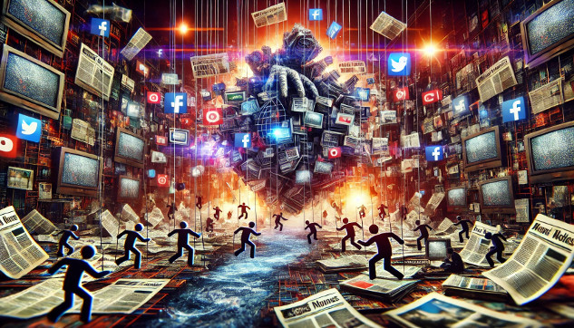 A chaotic newsroom setting with overlapping headlines and blurred text representing disinformation. flooding the zone with shit