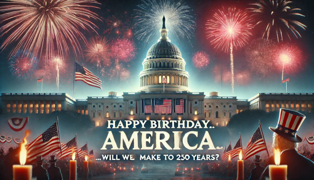 Can America’s Democracy Survive Project 2025? Illustration depicting America’s 250th anniversary with symbols of democracy, highlighting the 2024 election as a crucial moment for U.S. values and freedoms.