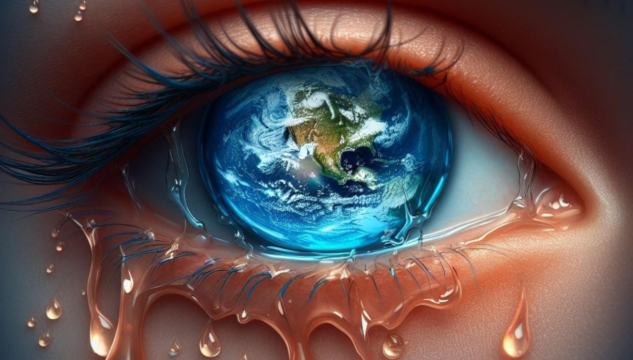 a picture of an eye, crying, with planet earth as the iris.