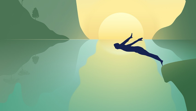Feel the Fear — and Trust Anyway. Image of a person diving off a cliff into a pool of water. Image by Leo from Pixabay.