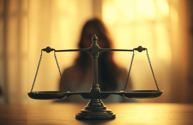 A blurred figure behind an equally balanced scale.&nbsp;