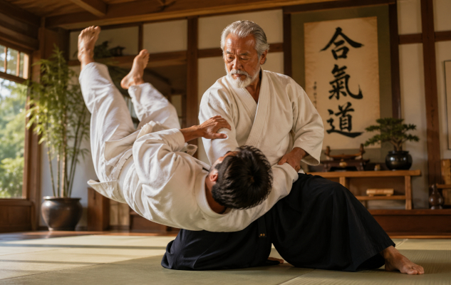 martial arts student being thrown to the mat by the teacher