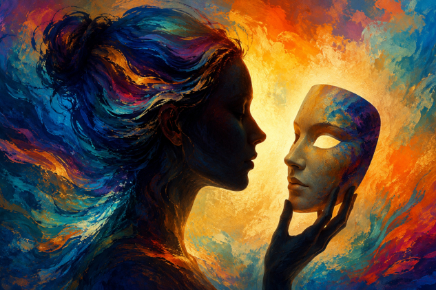Being Honest with Ourselves and Others in an Age of Deception by Marie T. Russell, InnerSelf.com woman holding a mask she has removed in front of her face