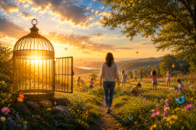 woman walking away from an open birdcage, towards children playing in the bright sunlight