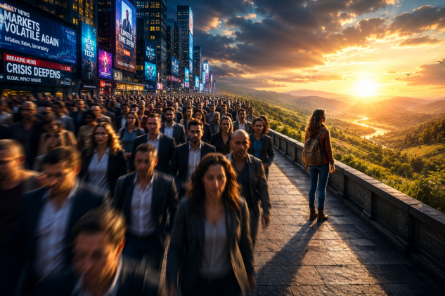 InnerSelf Magazine - August 24, 2026 A crowd all headed in one direction with one lone person facing the other way looking at the rising sun.