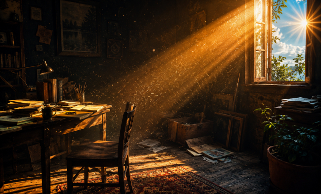 dark room illuminated by ray of light