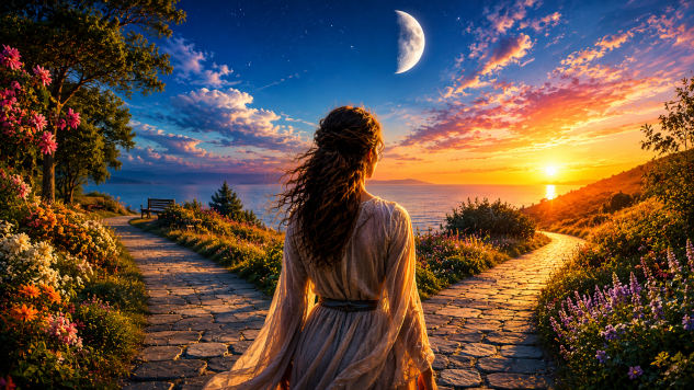 half moon with woman