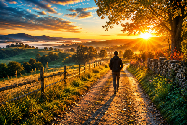 man walking towards morning sun