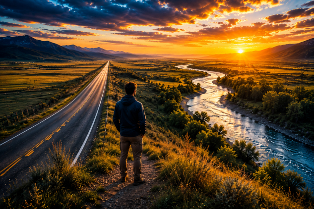 straight road meandering river