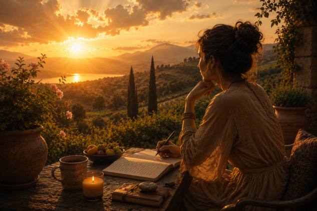 woman sitting pen in hand under bright sun