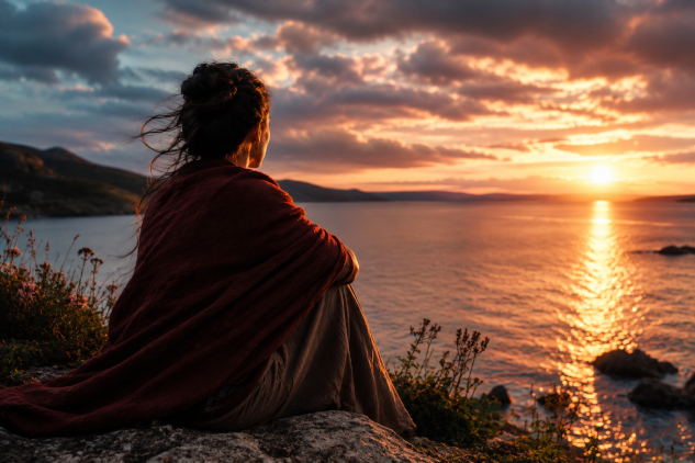 woman sitting by water